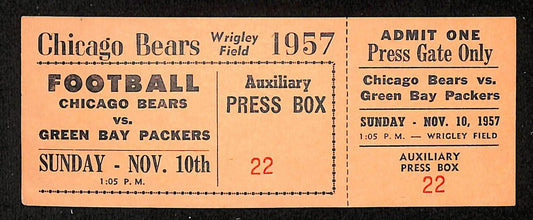 Vintage 11/10/1957 NFL Game Press Pass Full Ticket Bears vs. Packers 201708