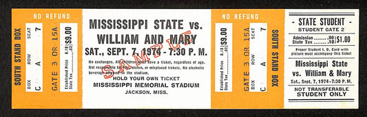9/7/74 College Football Full Ticket  Mississippi State vs. William & Mary 201709