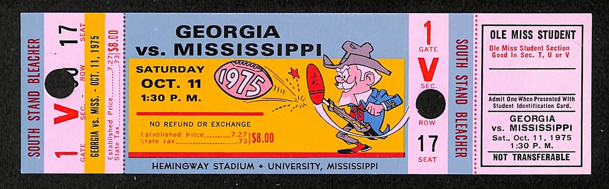 10/11/1975 College Football Game Full Ticket  Georgia vs. Mississippi 201710