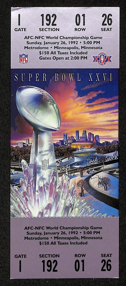 1/26/1992 Super Bowl XXVI Full Ticket Redskins vs. Bills 201711
