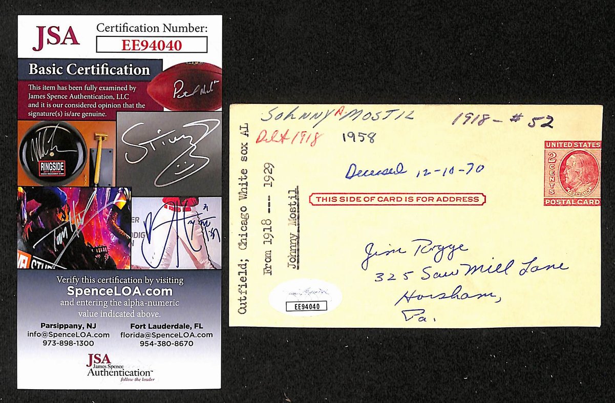 Johnny Mostil Signed/Inscribed 3x5 Index Card Chicago White Sox JSA 201727