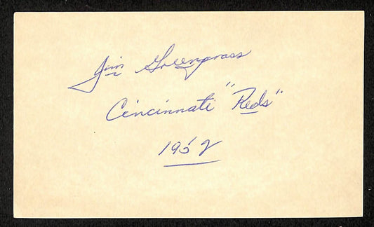 Jim Greengrass Signed/Inscribed 3x5 Index Card Cincinnati Reds JSA 201732