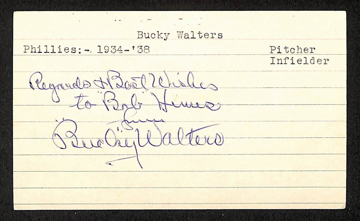 Bucky Walters Signed/Inscribed 3x5 Index Card Philadelphia Phillies JSA 201736