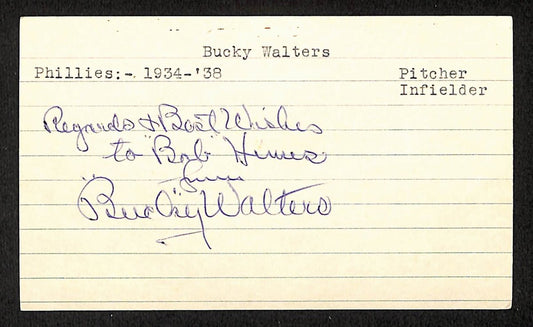Bucky Walters Signed/Inscribed 3x5 Index Card Philadelphia Phillies JSA 201736