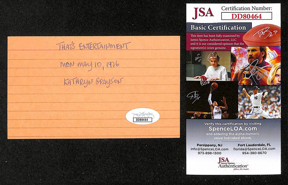 Kathryn Grayson Signed/Inscribed 3x5 Index Card Actress JSA 201745
