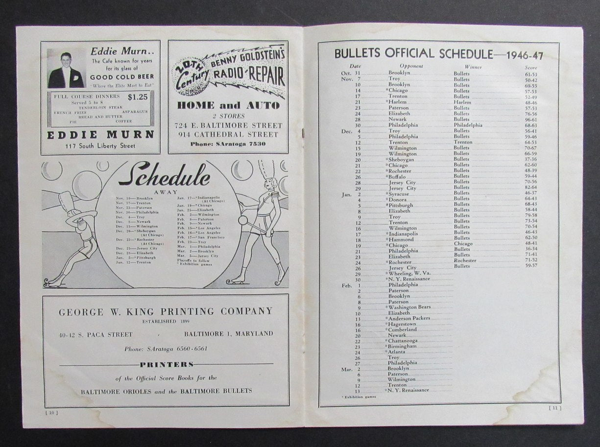 Vintage 1946-47 Basketball Program Paterson Crescents vs. Baltimore Bullets