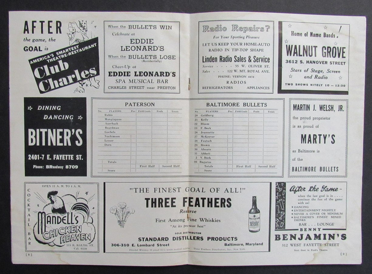 Vintage 1946-47 Basketball Program Paterson Crescents vs. Baltimore Bullets