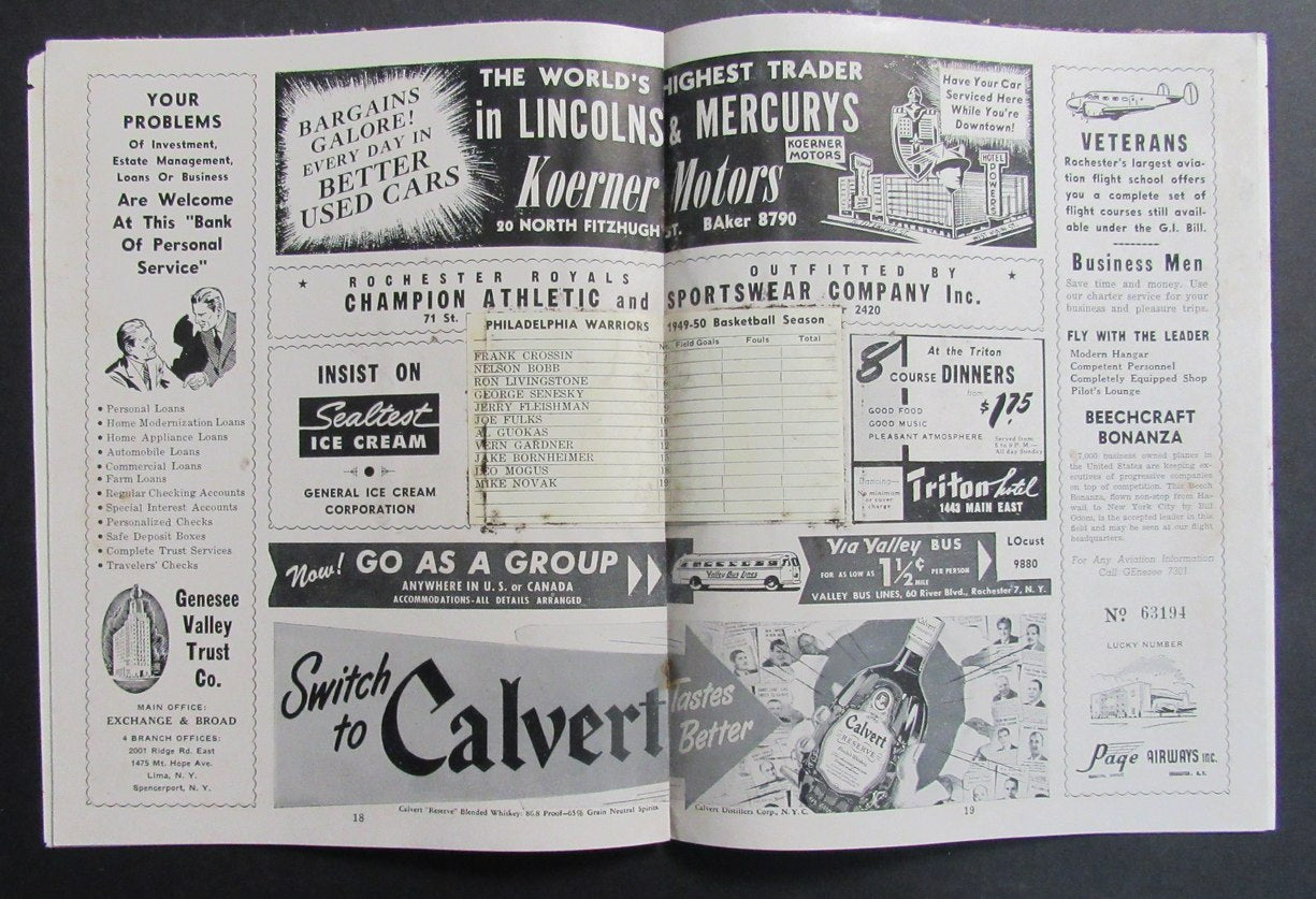 Vintage 1949-50 Basketball Program Rochester Royals vs. Philadelphia Warriors