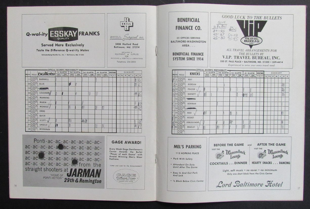 Vintage 1968-69 Basketball Program Baltimore Bullets vs. New York Knicks 198301