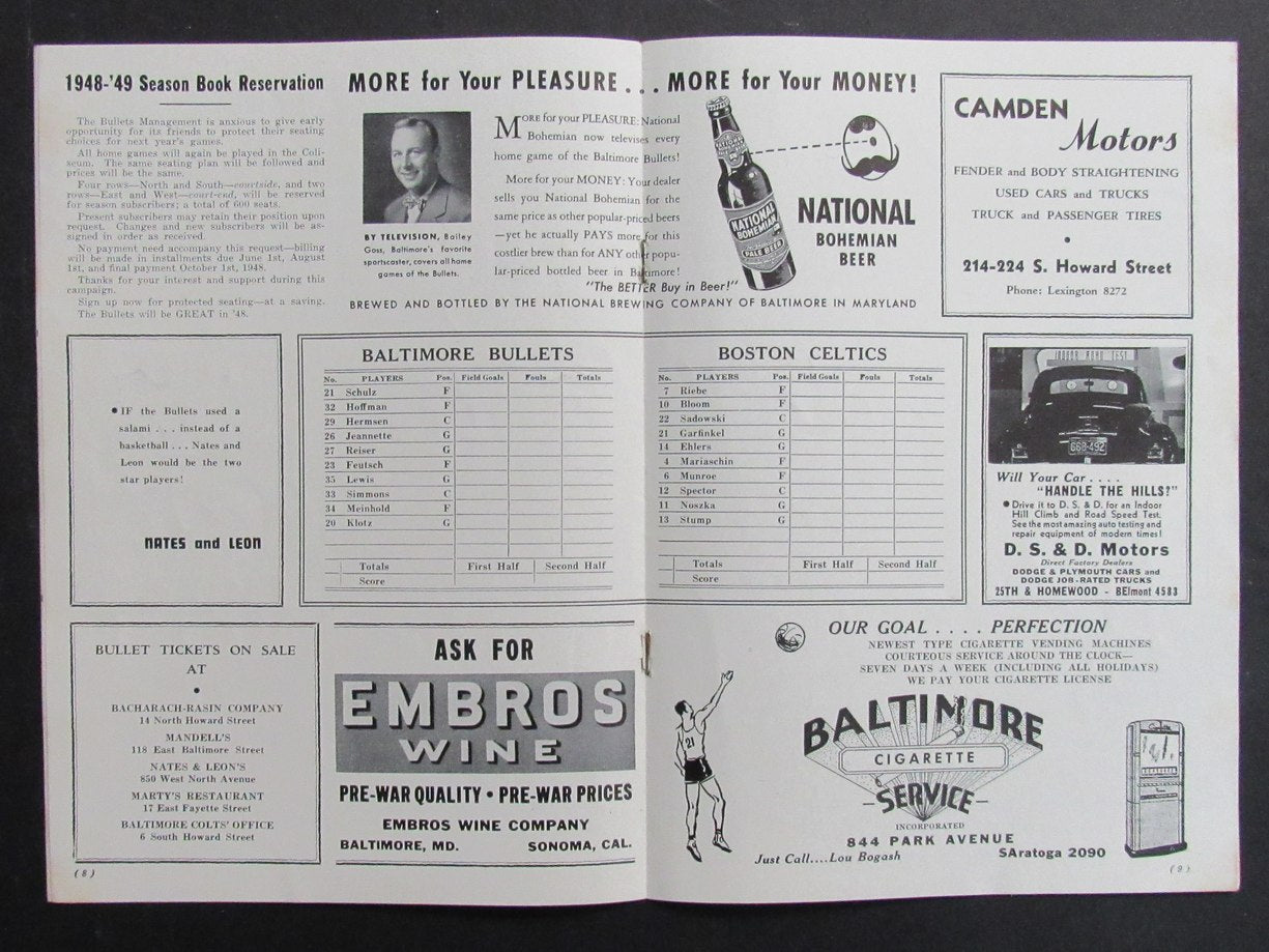 Vintage 1947-48 Basketball Program Baltimore Bullets vs. Boston Celtics 198302