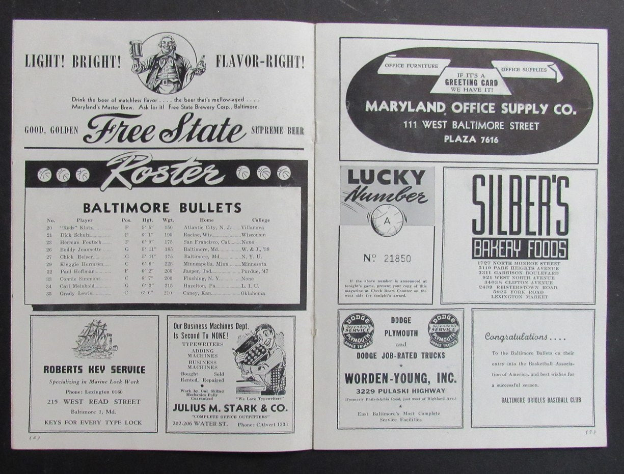 Vintage 1947-48 Basketball Program Baltimore Bullets vs. Boston Celtics 198302