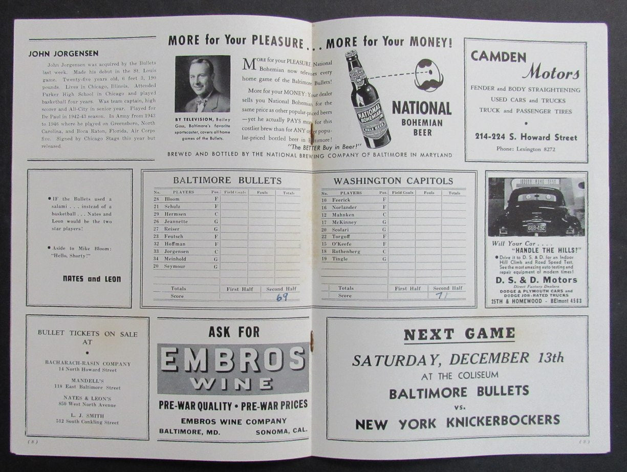 Vintage 12/11/1947 Basketball Program Baltimore Bullets vs. Washington Capitols