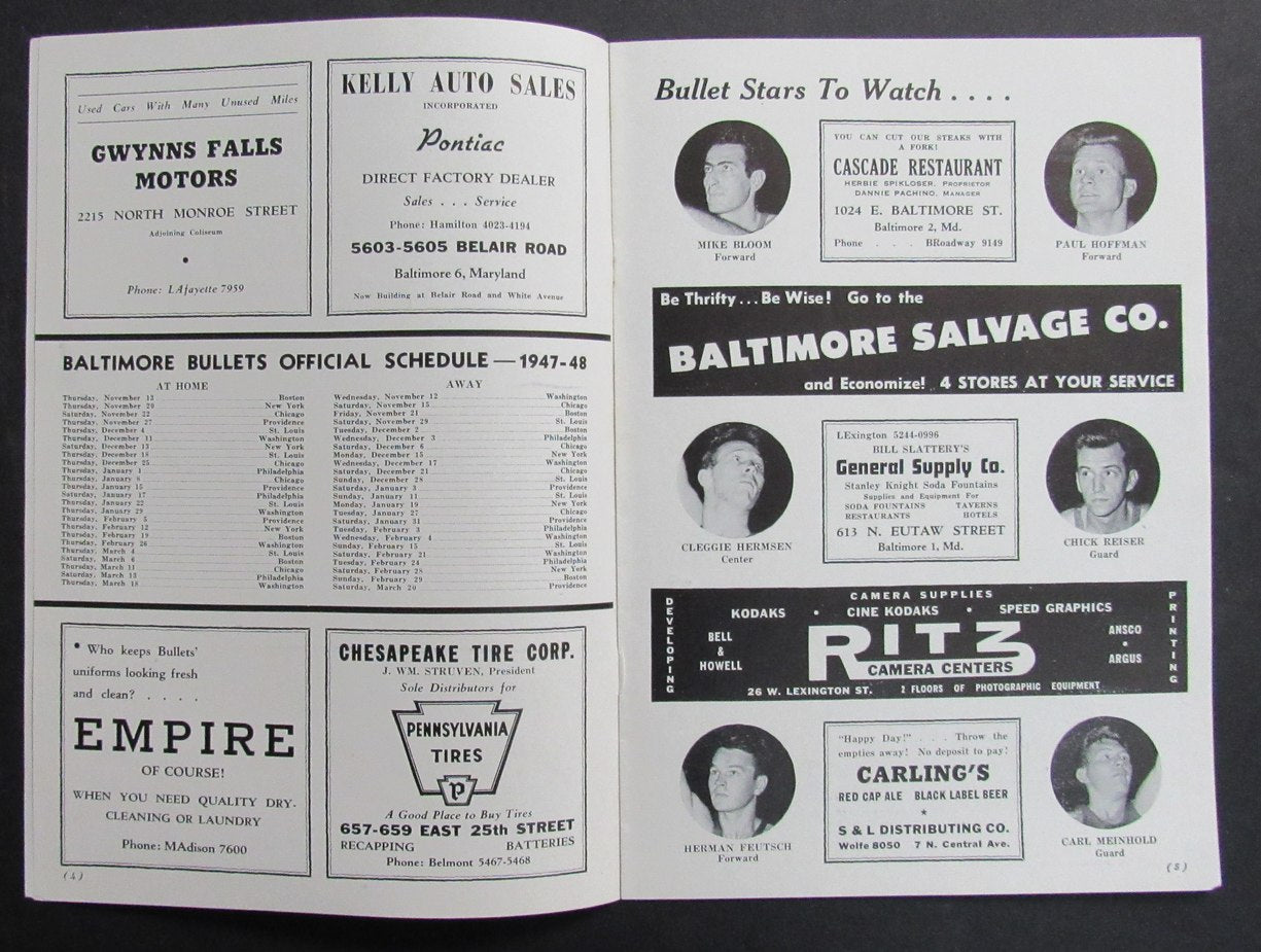 Vintage 12/11/1947 Basketball Program Baltimore Bullets vs. Washington Capitols