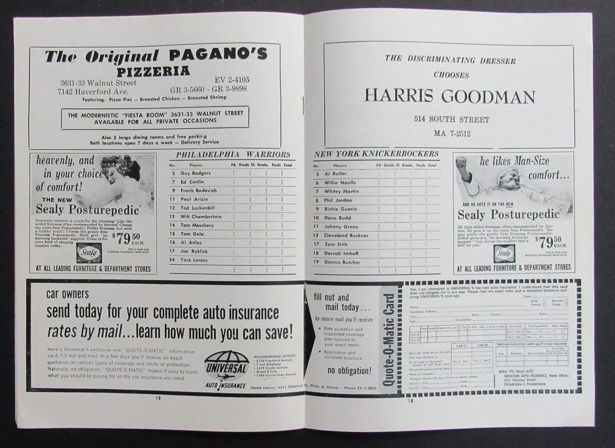 2/25/62 NBA Basketball Program Philadelphia Warriors vs. New York Knicks 198304