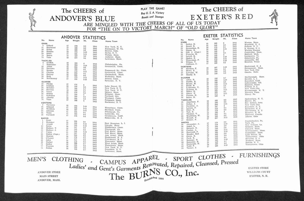 Vintage 11/14/1942 College Football Program Andover vs. Exeter 203331