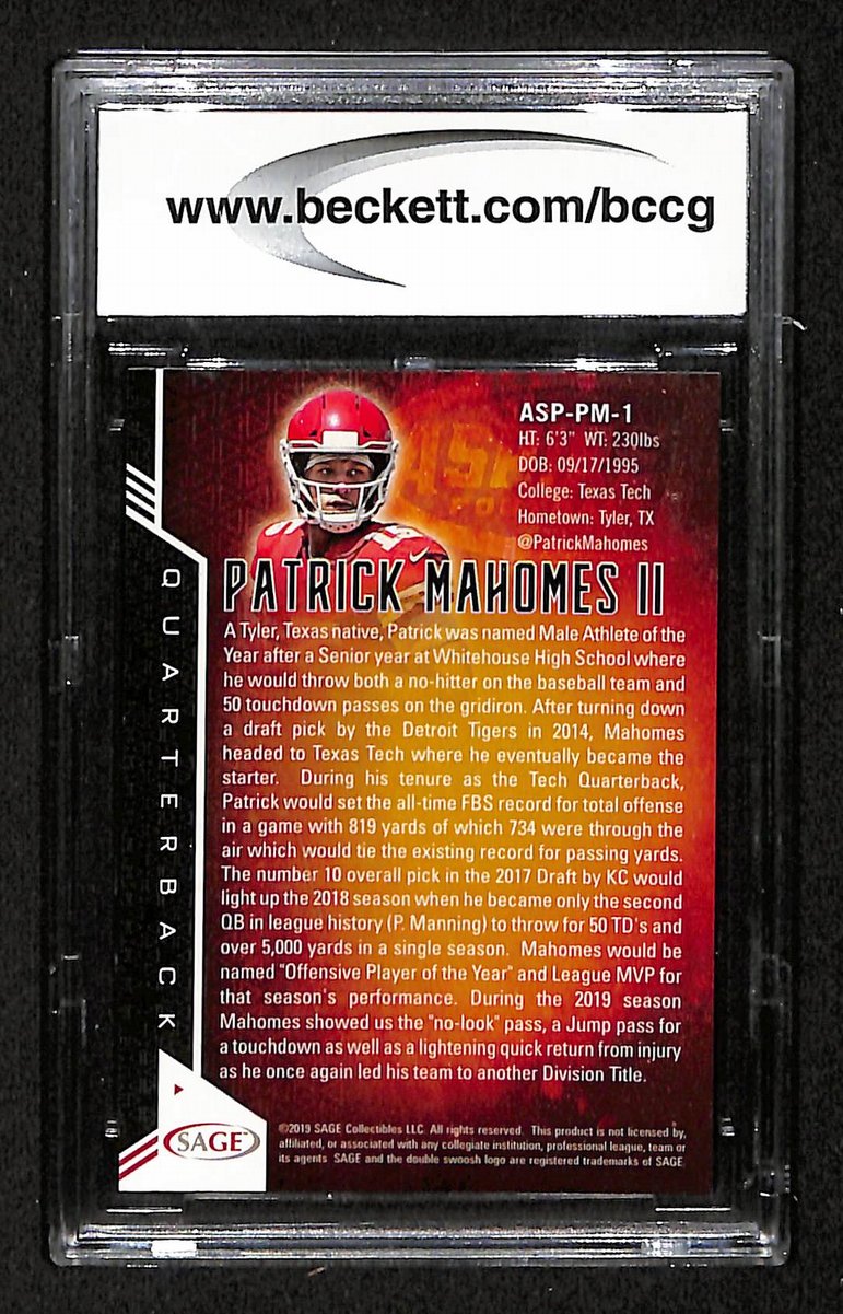 2019 Sage Aspire Chiefs Patrick Mahomes RC #ASPPM1 BCCG 10 BA201784