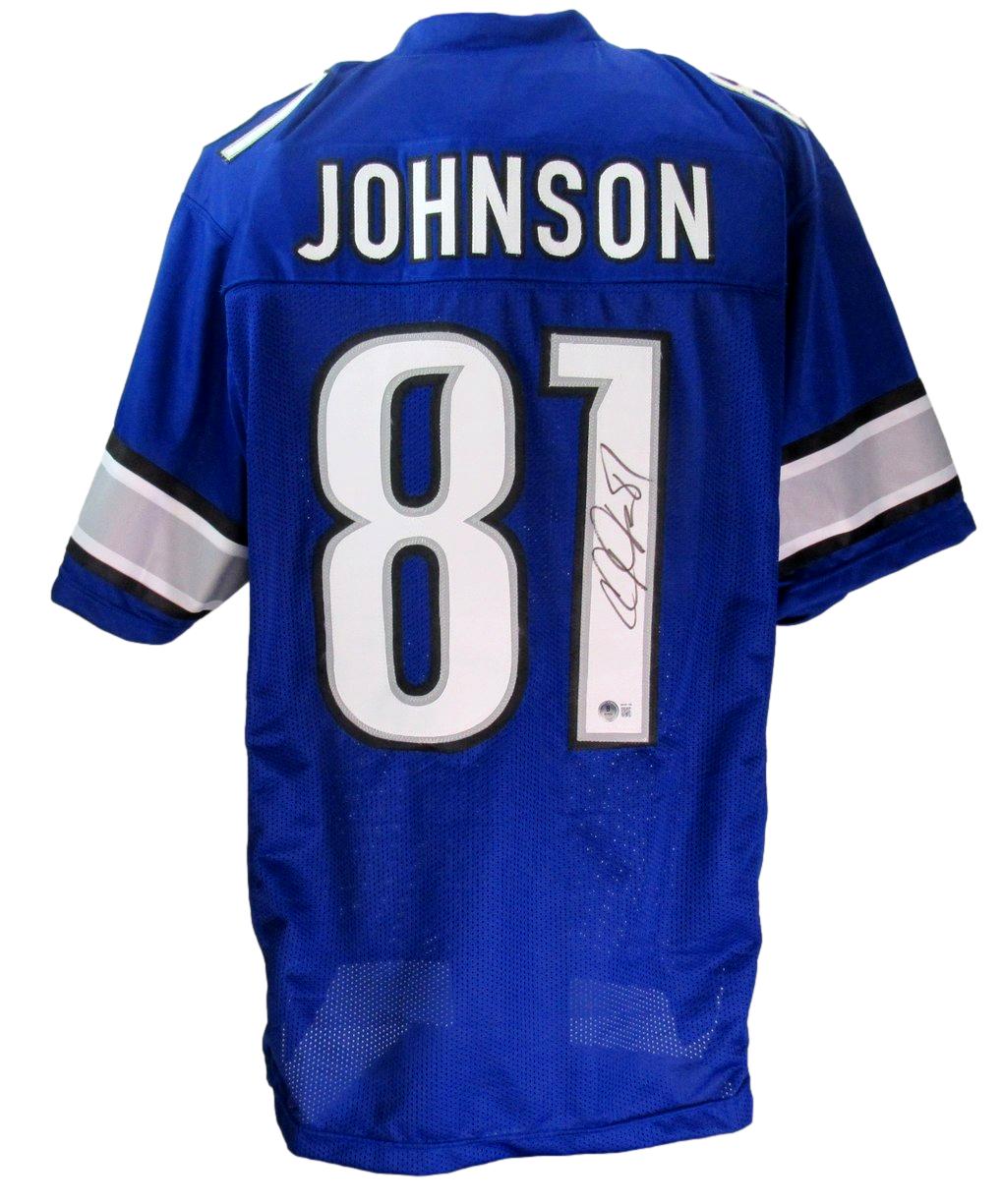 Calvin Johnson HOF Signed/Auto Lions Blue Custom Football Jersey Beckett 203912