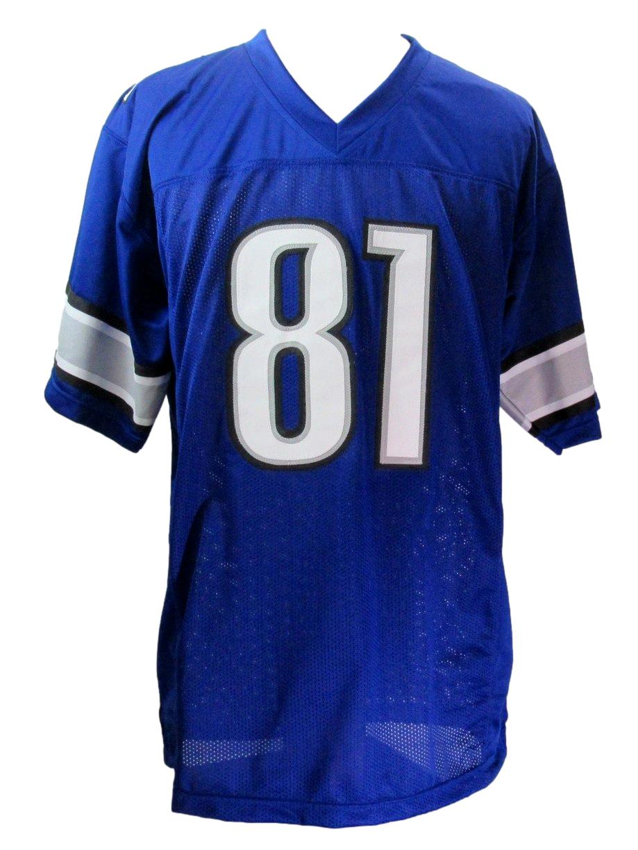 Calvin Johnson HOF Signed/Auto Lions Blue Custom Football Jersey Beckett 203912