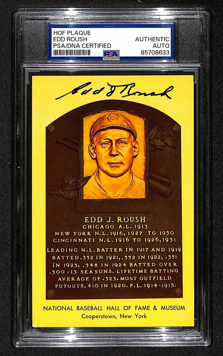 Edd Roush Signed/Auto Gold HOF Plaque Postcard Reds PSA/DNA BA203854