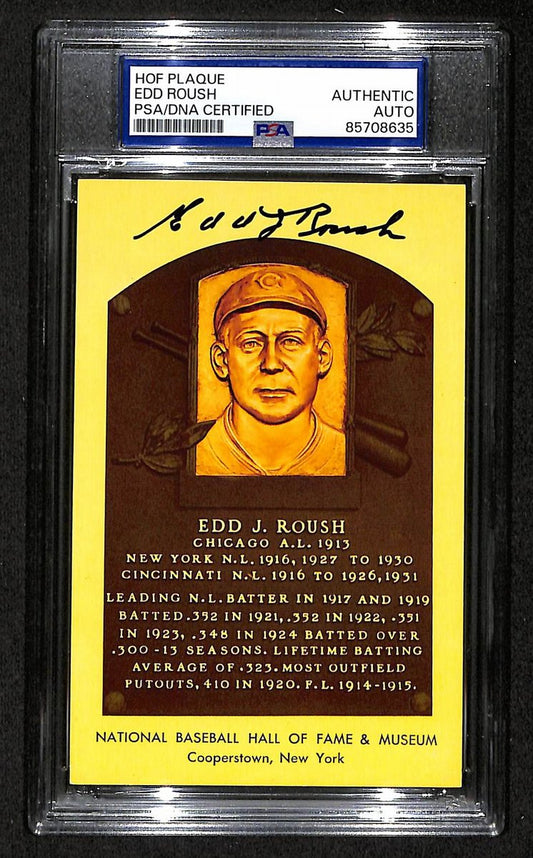 Edd Roush Signed/Auto Gold HOF Plaque Postcard Reds PSA/DNA BA203856
