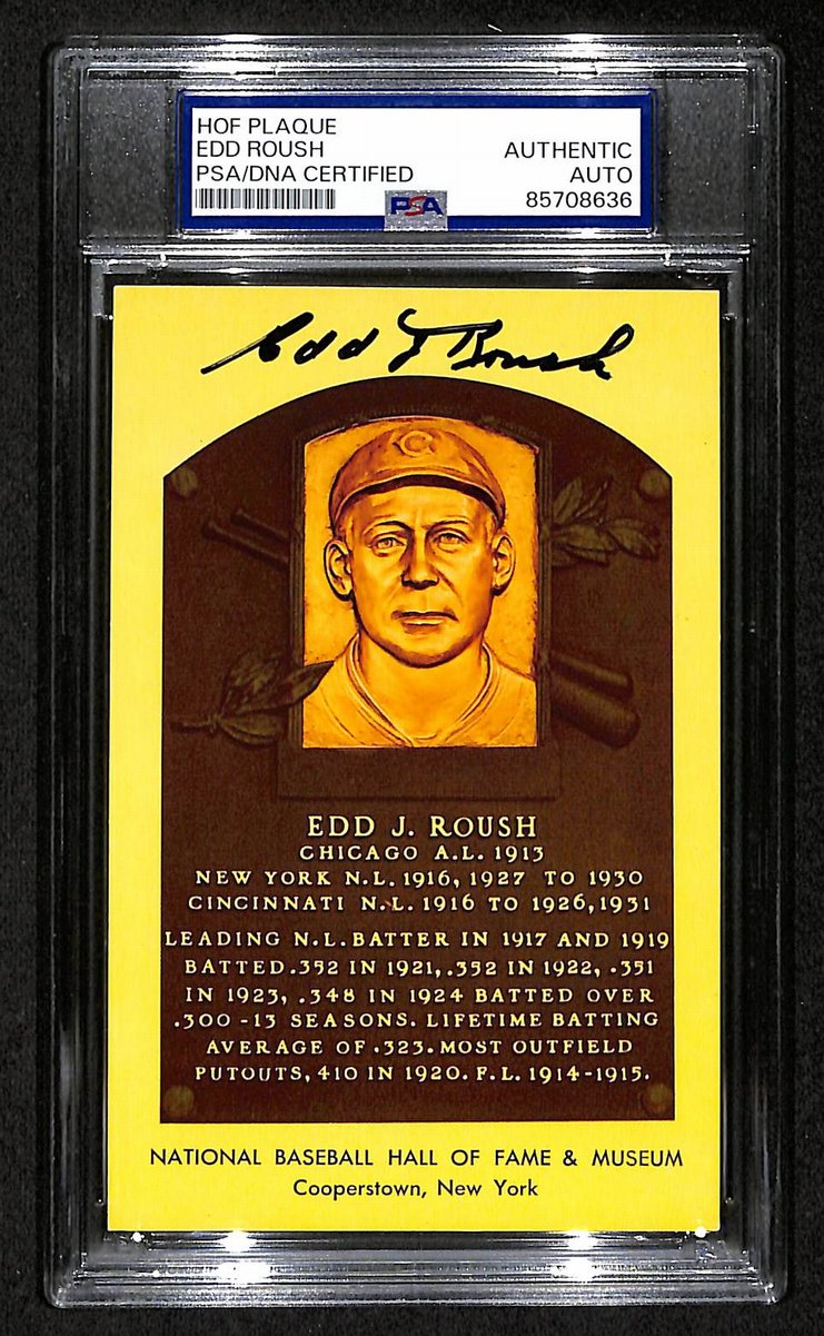 Edd Roush Signed/Auto Gold HOF Plaque Postcard Reds PSA/DNA BA203857