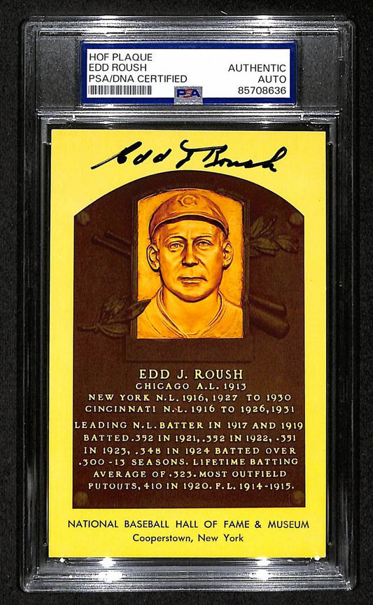 Edd Roush Signed/Auto Gold HOF Plaque Postcard Reds PSA/DNA BA203857