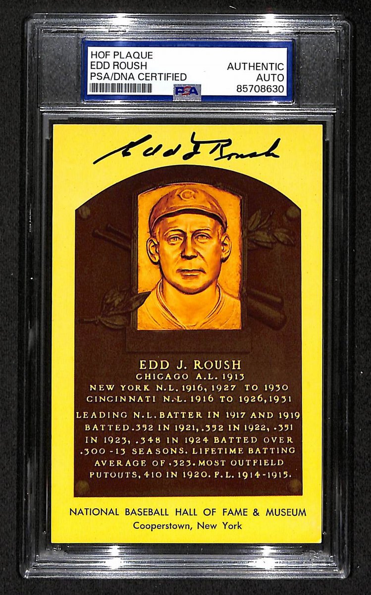 Edd Roush Signed/Auto Gold HOF Plaque Postcard Reds PSA/DNA BA203859