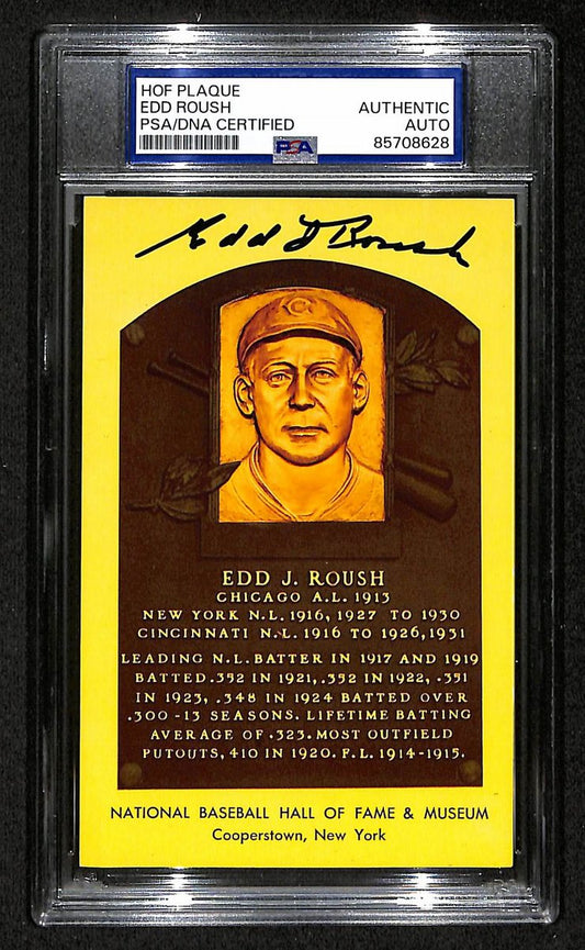 Edd Roush Signed/Auto Gold HOF Plaque Postcard Reds PSA/DNA BA203862