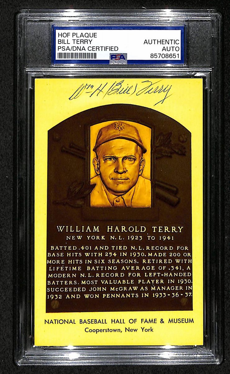 Bill Terry Signed/Auto Gold HOF Plaque Postcard Giants PSA/DNA BA203863