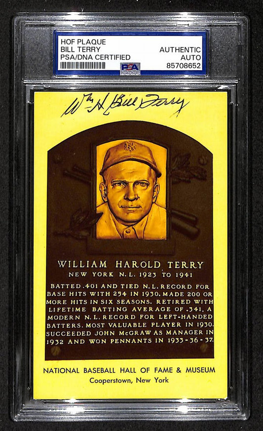 Bill Terry Signed/Auto Gold HOF Plaque Postcard Giants PSA/DNA BA203864