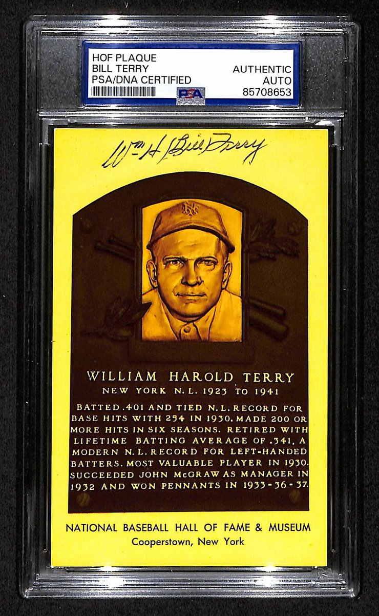 Bill Terry Signed/Auto Gold HOF Plaque Postcard Giants PSA/DNA BA203865