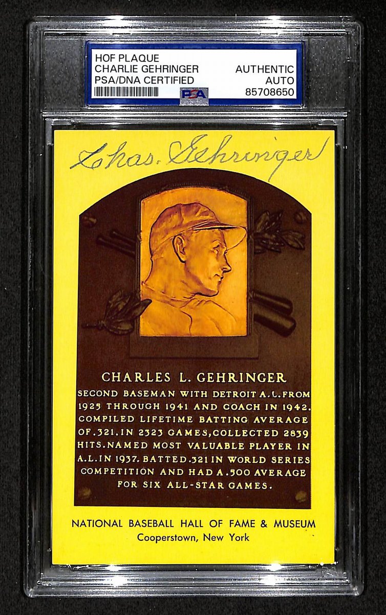 Charlie Gehringer Signed/Auto Gold HOF Plaque Postcard Tigers PSA/DNA BA203867