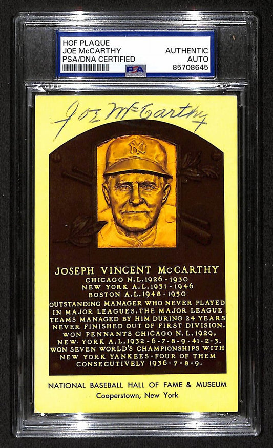 Joe McCarthy Signed/Auto Gold HOF Plaque Postcard Yankees PSA/DNA BA203872