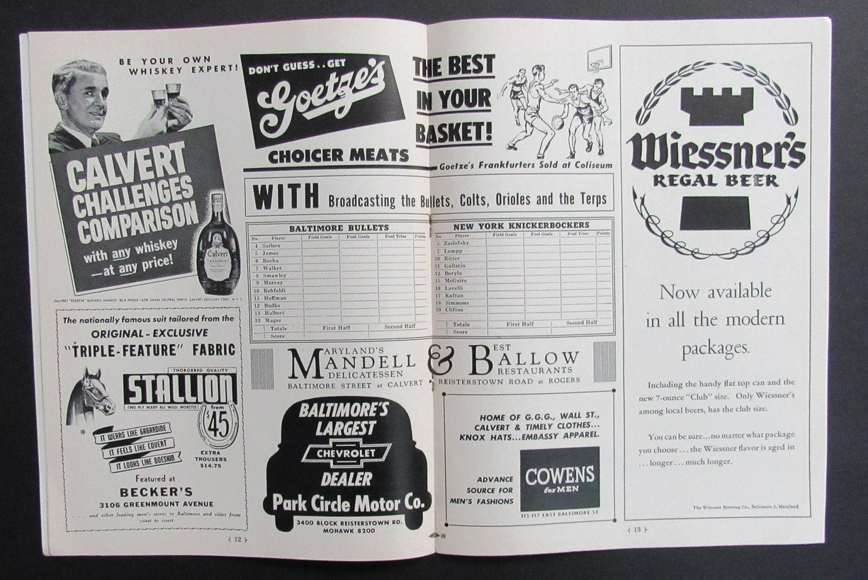 1951 NBA Program Baltimore Bullets vs. New York Knickerbockers 198269