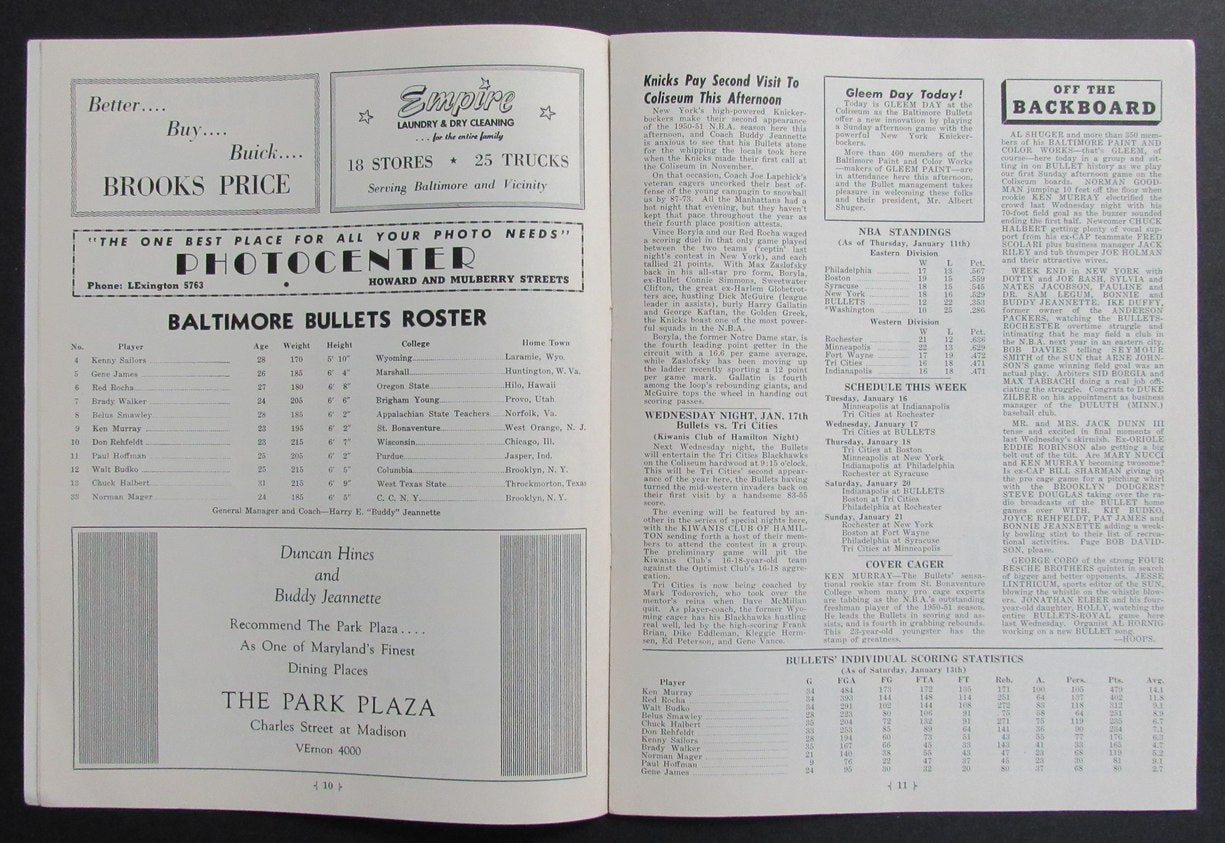 1951 NBA Program Baltimore Bullets vs. New York Knickerbockers 198269