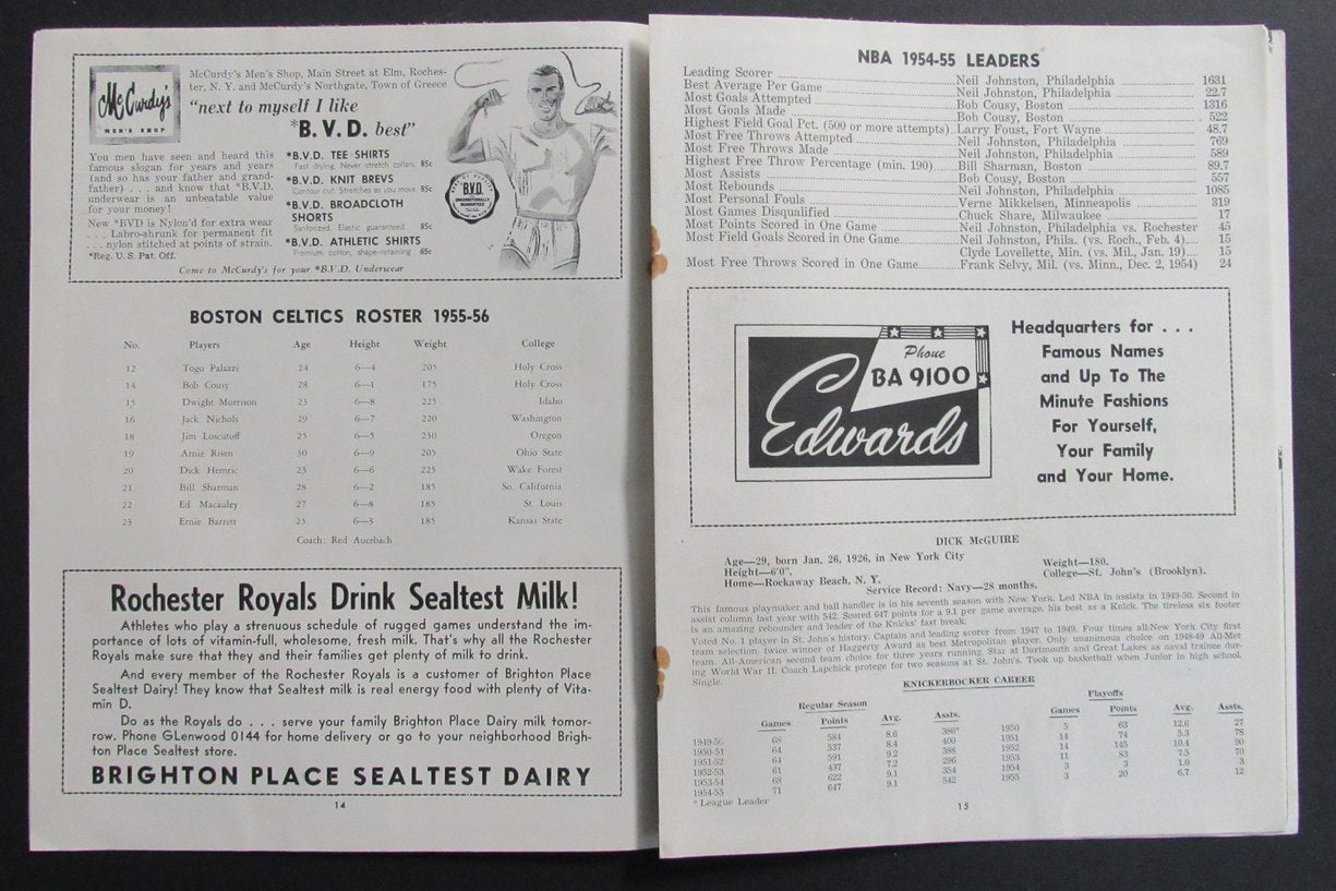 1955-56 NBA Program Rochester Royals vs. Boston Celtics Bob Cousy 198271