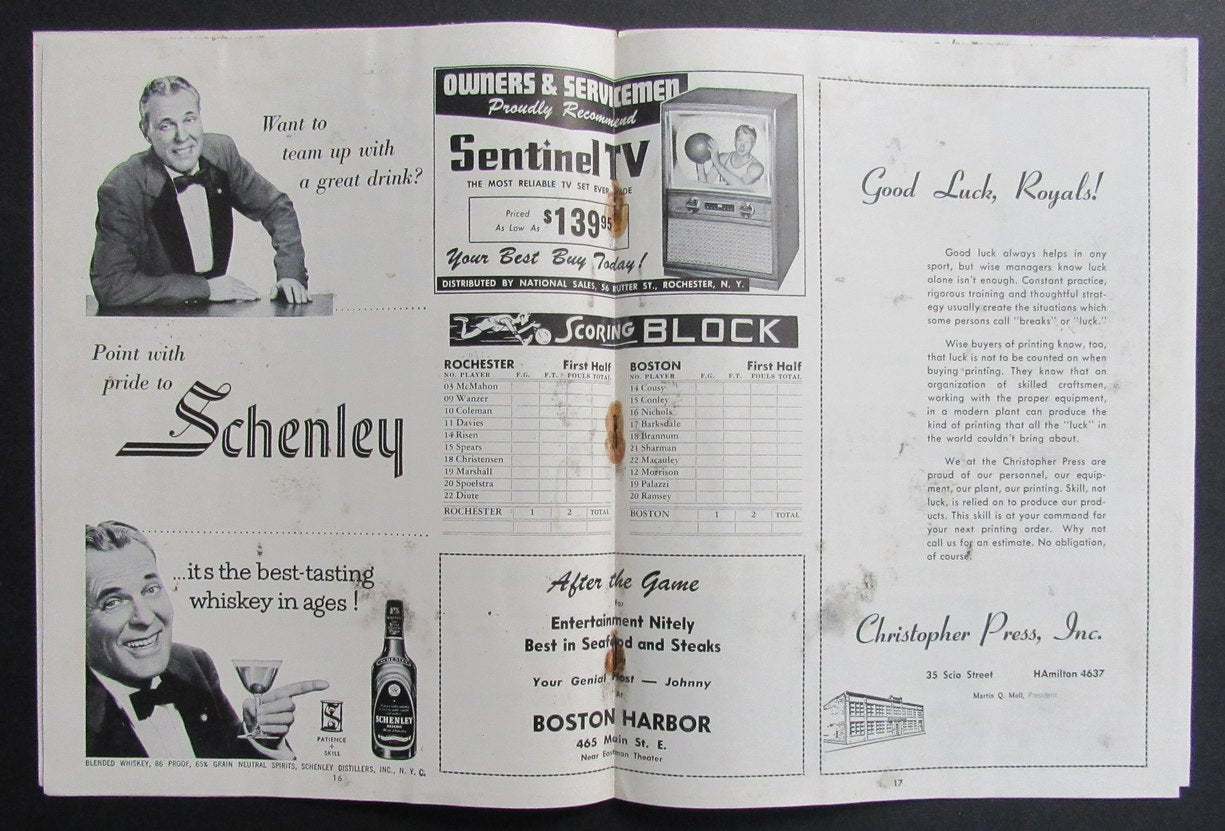 1954-55 NBA Program Rochester Royals vs. Boston Celtics Bob Cousy 198272