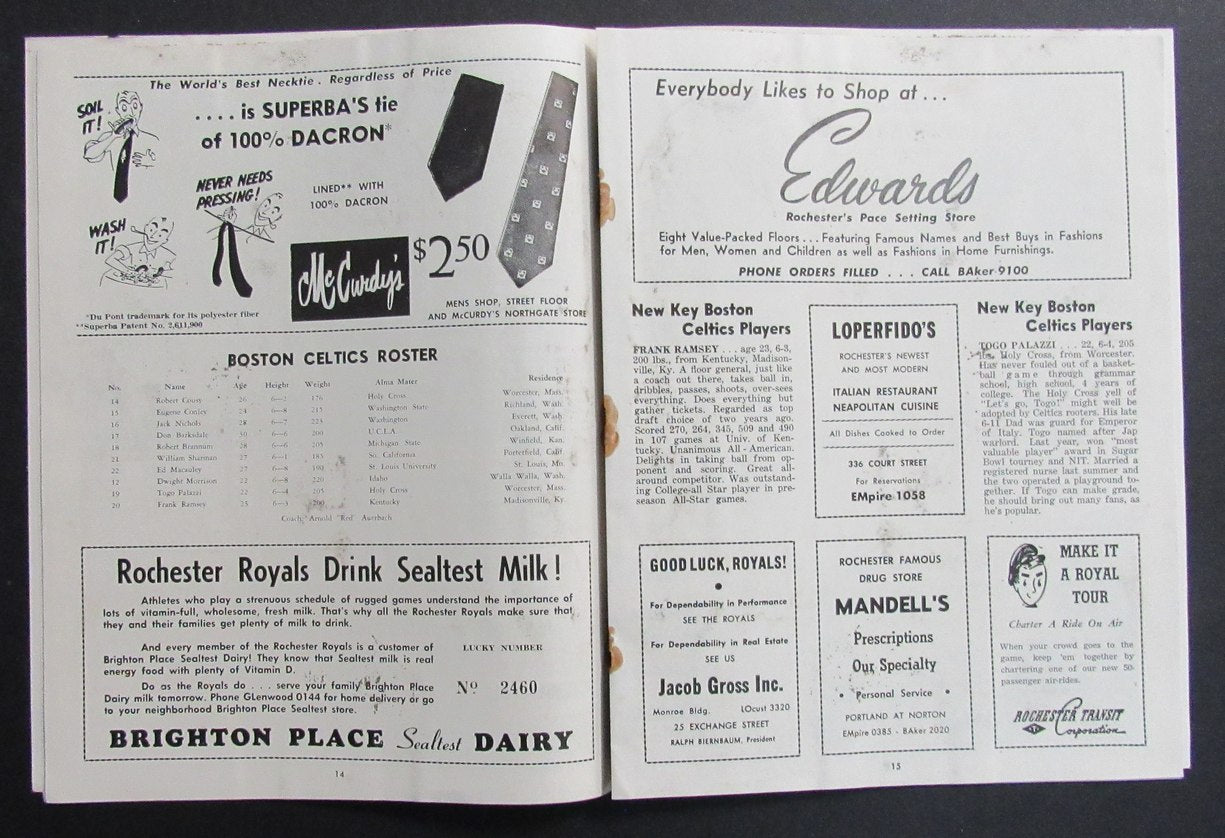 1954-55 NBA Program Rochester Royals vs. Boston Celtics Bob Cousy 198272