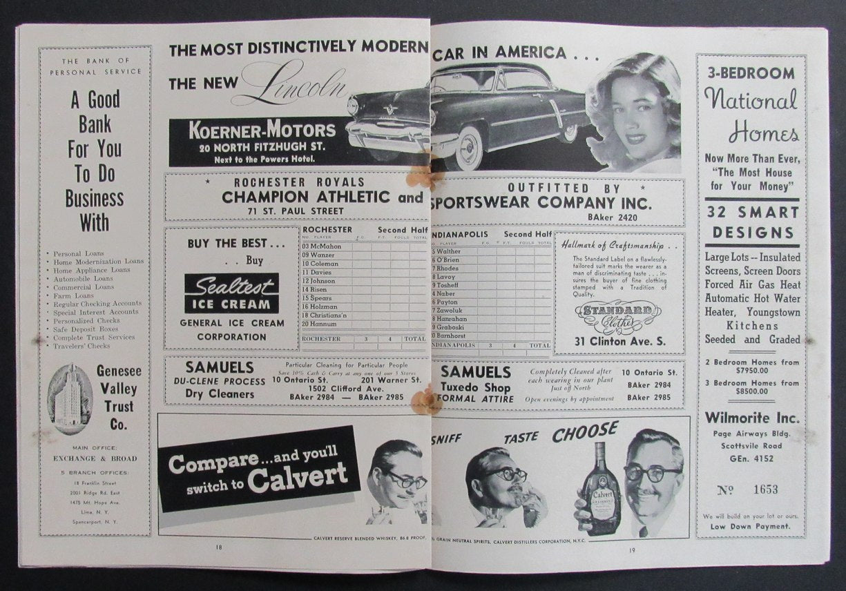 1952-53 NBA Program Rochester Royals vs. Indianapolis Olympians 198277