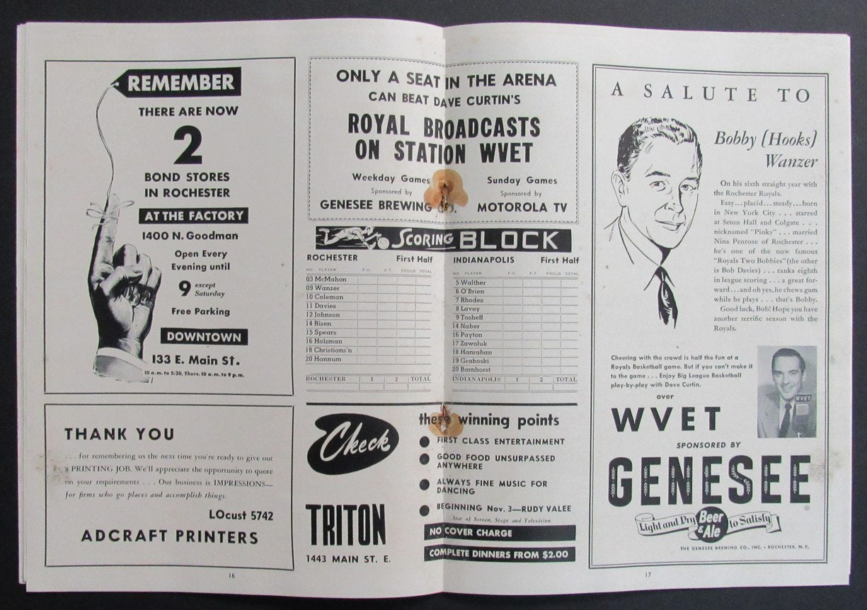1952-53 NBA Program Rochester Royals vs. Indianapolis Olympians 198277