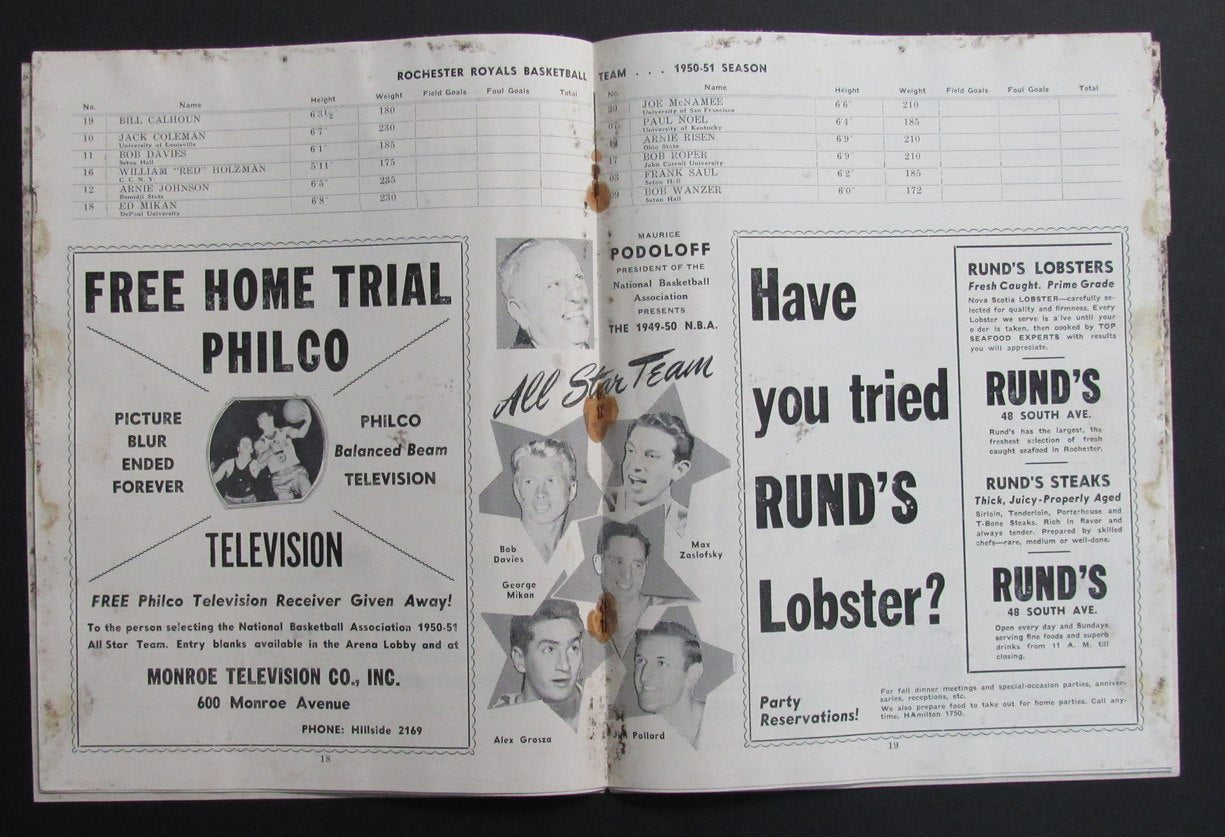 1950-51 NBA Program Rochester Royals vs. Fort Wayne Pistons 198287