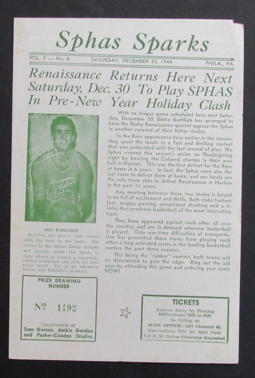 12/23/1944 ABL Program Philadelphia Sphas Sparks vs. Washington Capitals RARE