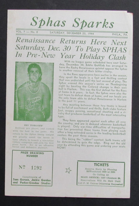 12/23/1944 ABL Program Philadelphia Sphas Sparks vs. Washington Capitals RARE