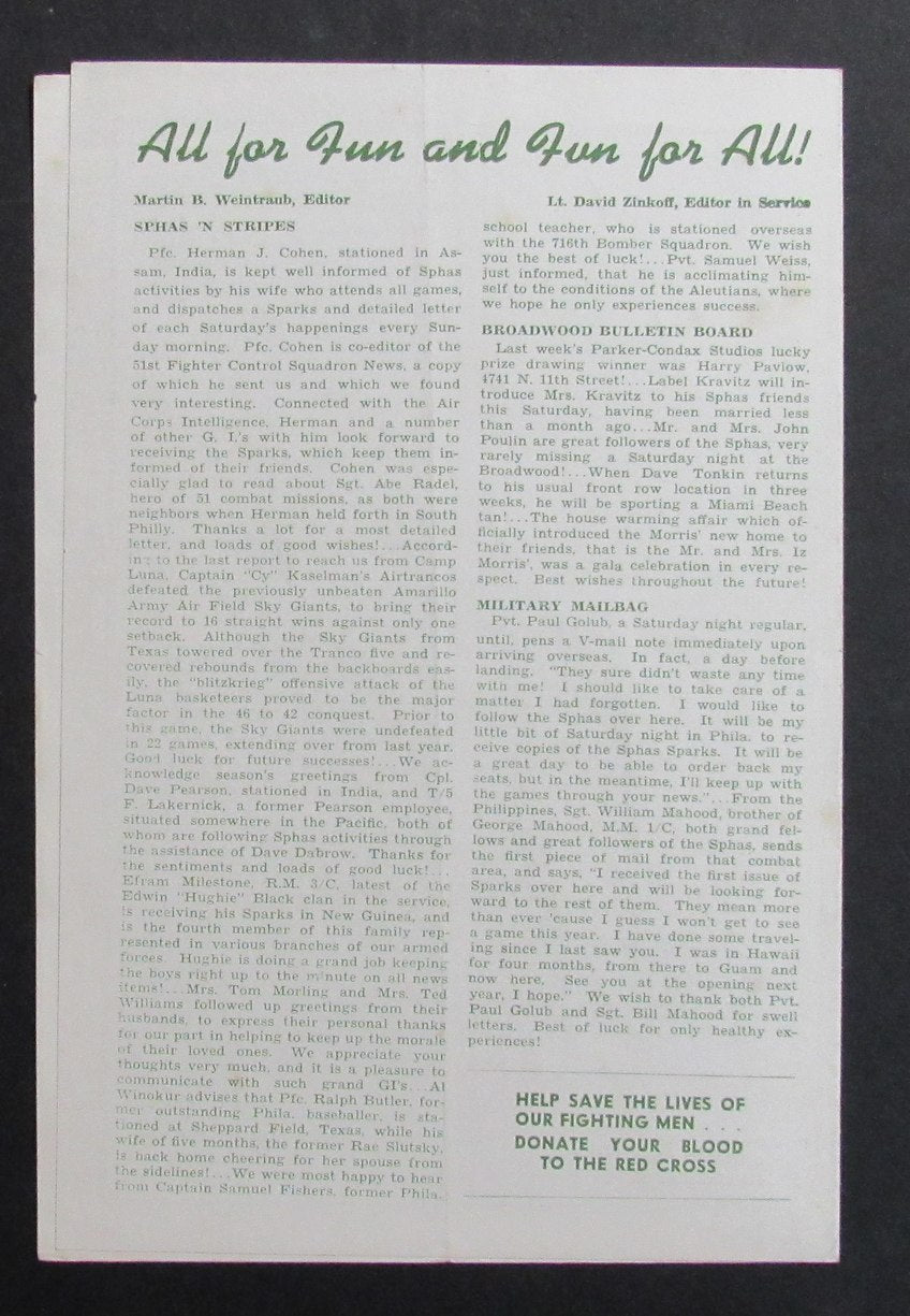 12/23/1944 ABL Program Philadelphia Sphas Sparks vs. Washington Capitals RARE