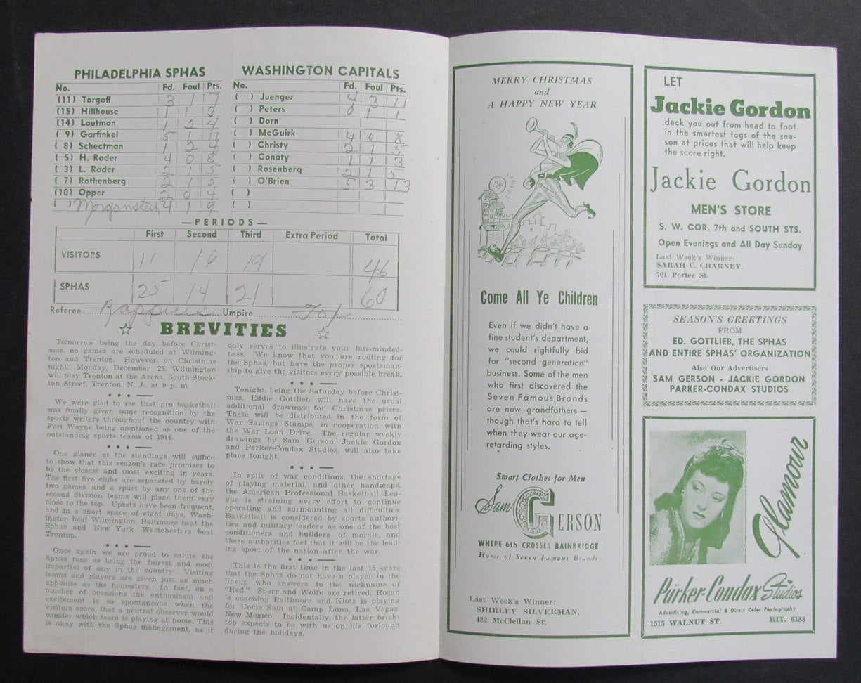 12/23/1944 ABL Program Philadelphia Sphas Sparks vs. Washington Capitals RARE