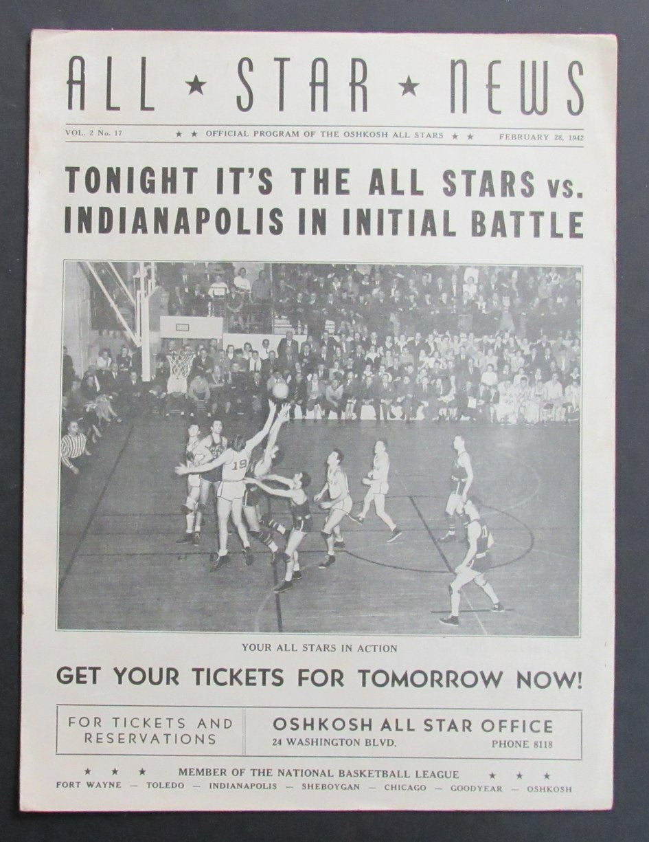 2/28/1942 NBA Program Oshkosh All Strs vs. Indianapolis Olympians RARE 198290