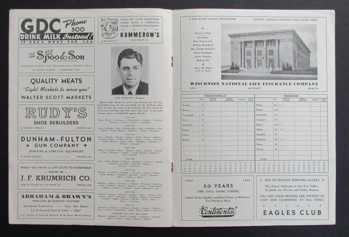 2/28/1942 NBA Program Oshkosh All Strs vs. Indianapolis Olympians RARE 198290