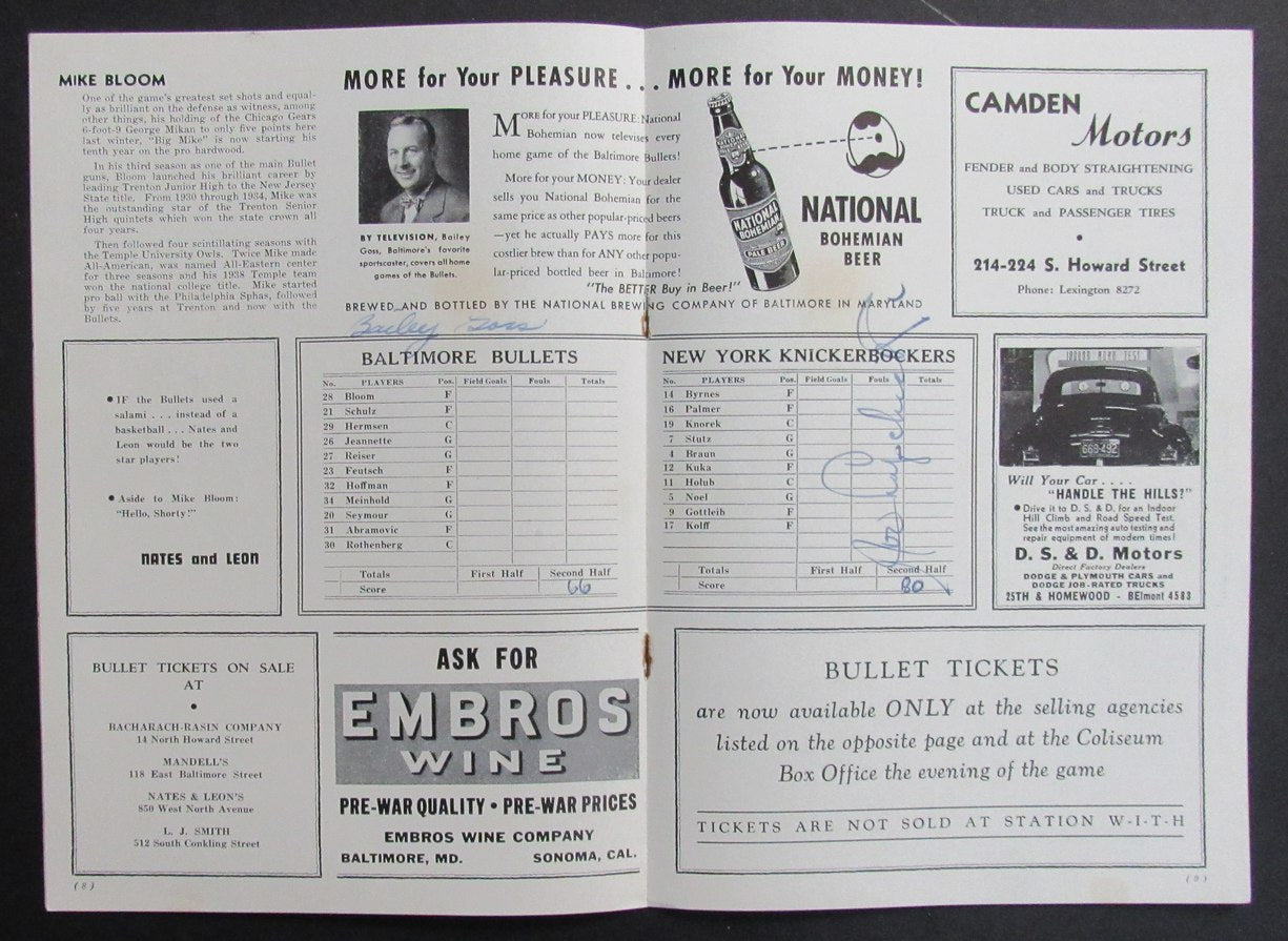 1947-48 NBA Program Baltimore Bullets vs. New York Knicks Signed by (9) 198295