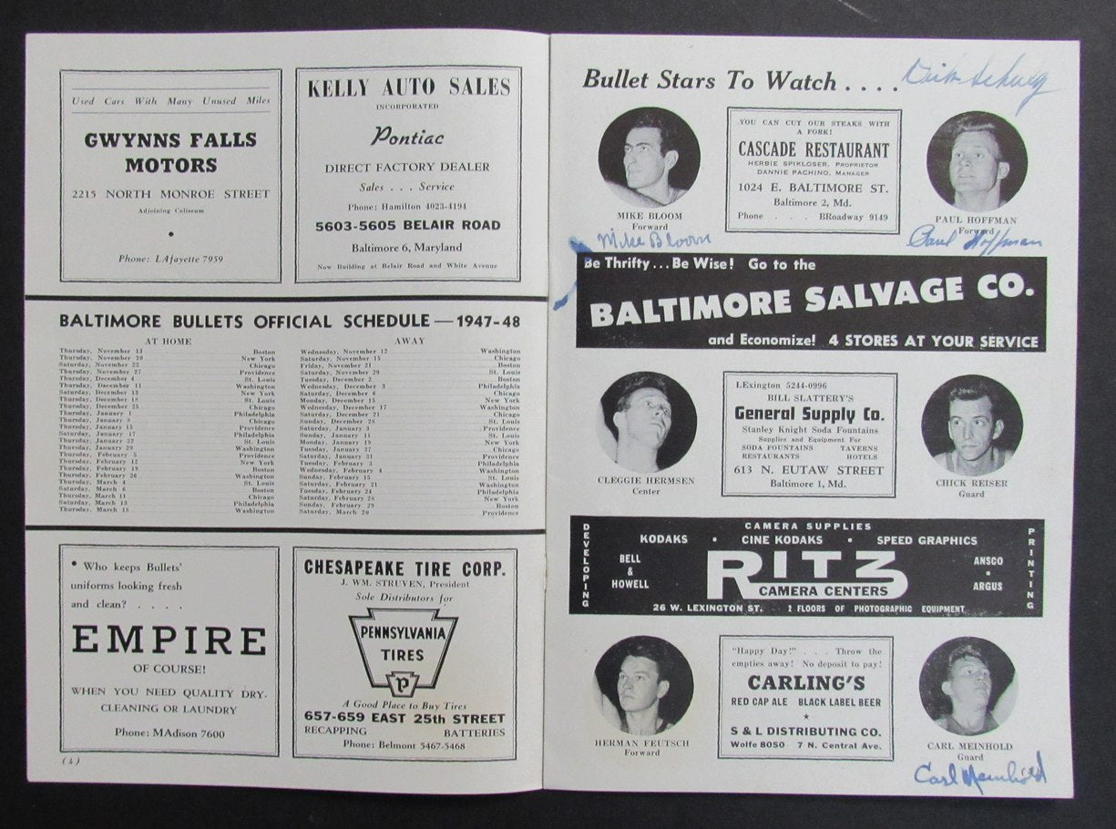 1947-48 NBA Program Baltimore Bullets vs. New York Knicks Signed by (9) 198295