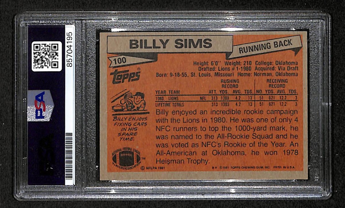 1981 TOPPS RC Billy Sims Signed/Inscribed Card #100 Lions PSA/DNA 203877